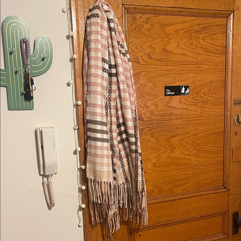 Nine West Pink Plaid Fringe Scarf